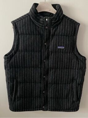 Patagonia Quilt Again Down Vest Men's Large Gray Wool Blend Striped Goose Down